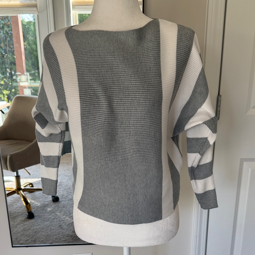 Gray and White Striped Slash-Neck Sweater
